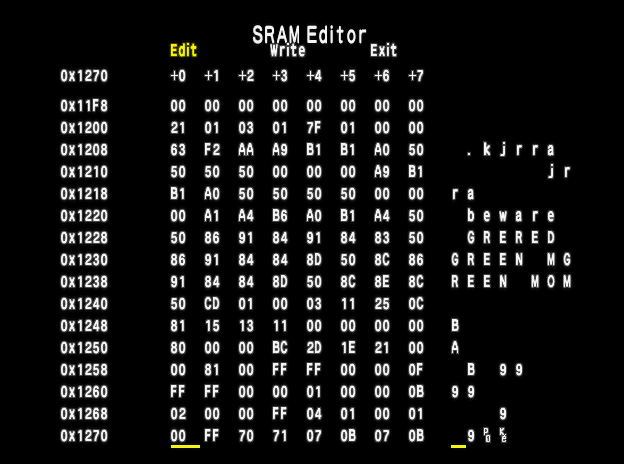It's a hex editor. A grid of numbers and
	letters display the contents of memory